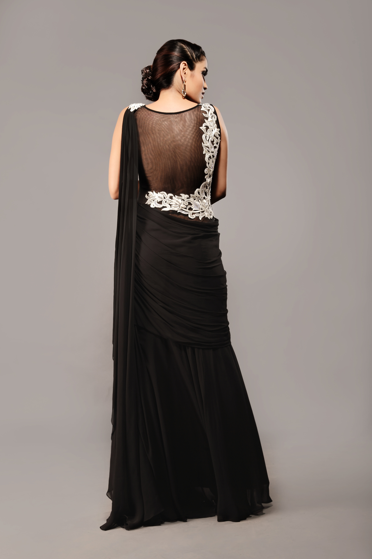 Shop Online Latest Black Stitched Gown Saree Ad Singh 7012